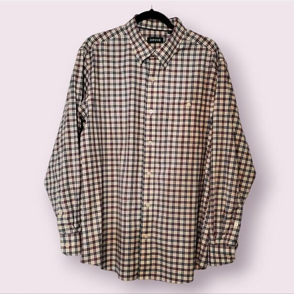 Orvis Button Down Long Sleeve Shirt w/ Front Pocket Men's Large Ivory Base Plaid - Picture 1 of 4